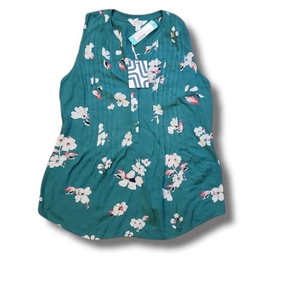 Market & Spruce Womens Hemingway Henley Pleated Tank Top Floral Green Sz M NEW‎ - Picture 1 of 7